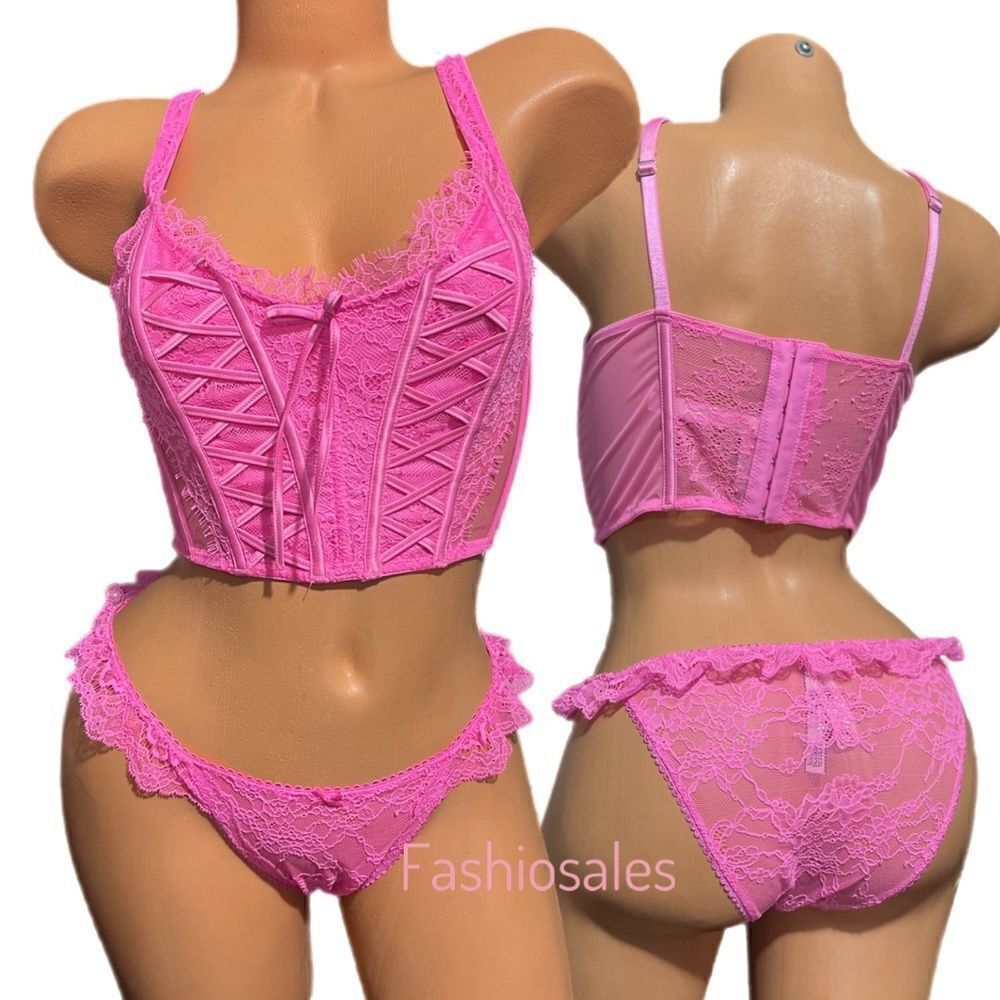 Victorias Secret Dream Angels Lace-up Corset Top Bra & String Bikini Set Pink